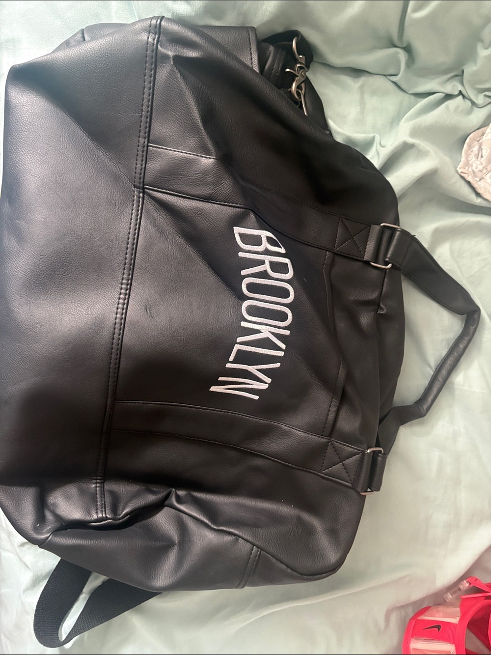 Brooklyn Embroidered Black Leather-Style Weekender Bag